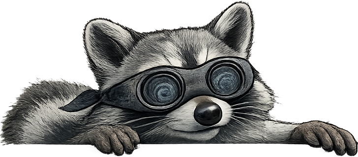 Raccoon wearing goggles, peeking over edge.