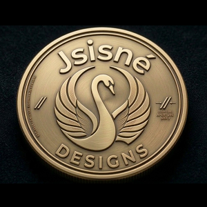 Bronze coin with swan and "Jsisné Designs".
