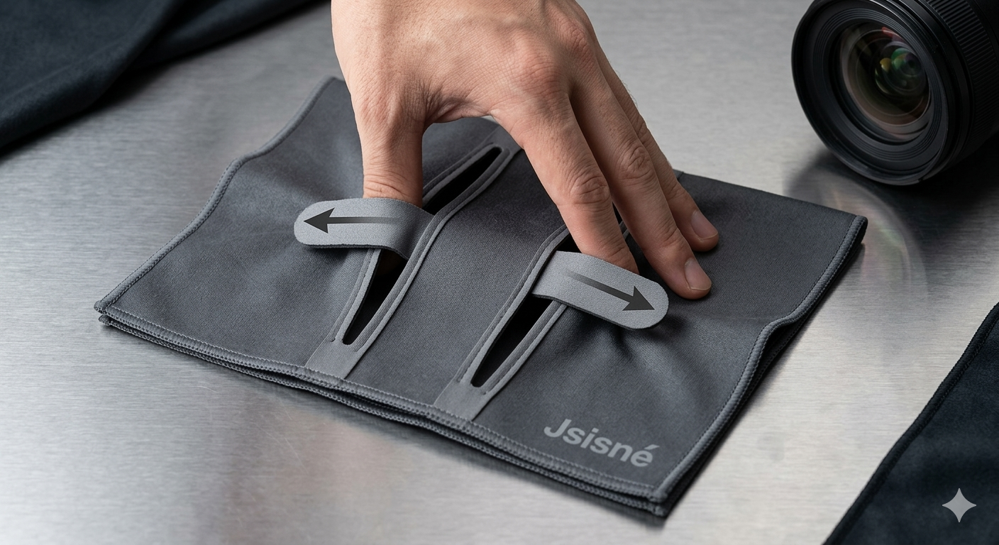 Hand adjusting camera lens cleaning cloth.